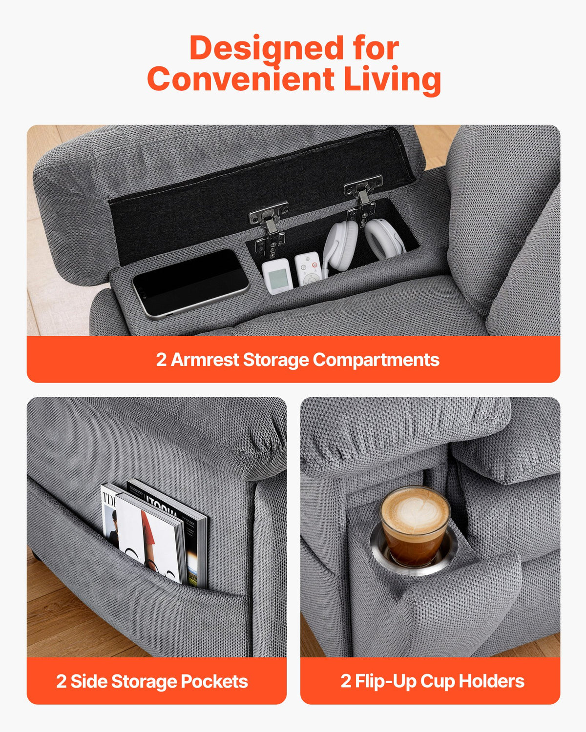 VEVOR Power Lift Recliner Chair, Dual Motor, Oversized Electric Lift Chair with Heat and Massage for Elderly, Infinite Position Adjustment, Chenille Fabric, with Side Pockets, Cup Holders, Light Gray - DDKDTYZSBLOVZTZOK001V1 - view 8
