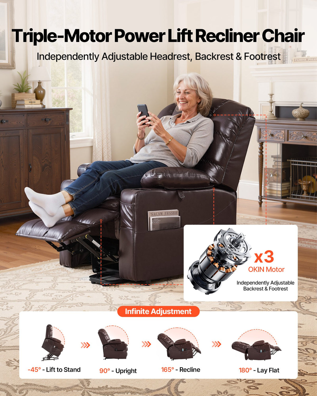 VEVOR Power Lift Recliner Chair, Triple-Motor, Large Electric Lift Chair with Heat and Massage for Elderly, Infinite Position Adjustment, Leather Surface, with Storage Pockets and Cup Holders, Brown - DDKDTYZSPGDCJB1ET001V1 - view 3