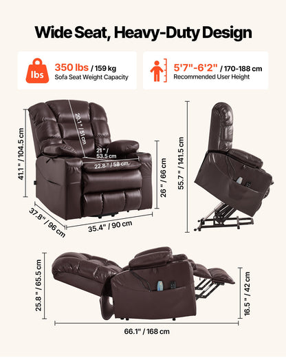 VEVOR Power Lift Recliner Chair, Triple-Motor, Large Electric Lift Chair with Heat and Massage for Elderly, Infinite Position Adjustment, Leather Surface, with Storage Pockets and Cup Holders, Brown - DDKDTYZSPGDCJB1ET001V1 - view 4