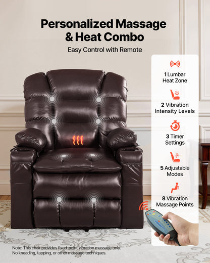 VEVOR Power Lift Recliner Chair, Triple-Motor, Large Electric Lift Chair with Heat and Massage for Elderly, Infinite Position Adjustment, Leather Surface, with Storage Pockets and Cup Holders, Brown - DDKDTYZSPGDCJB1ET001V1 - view 5