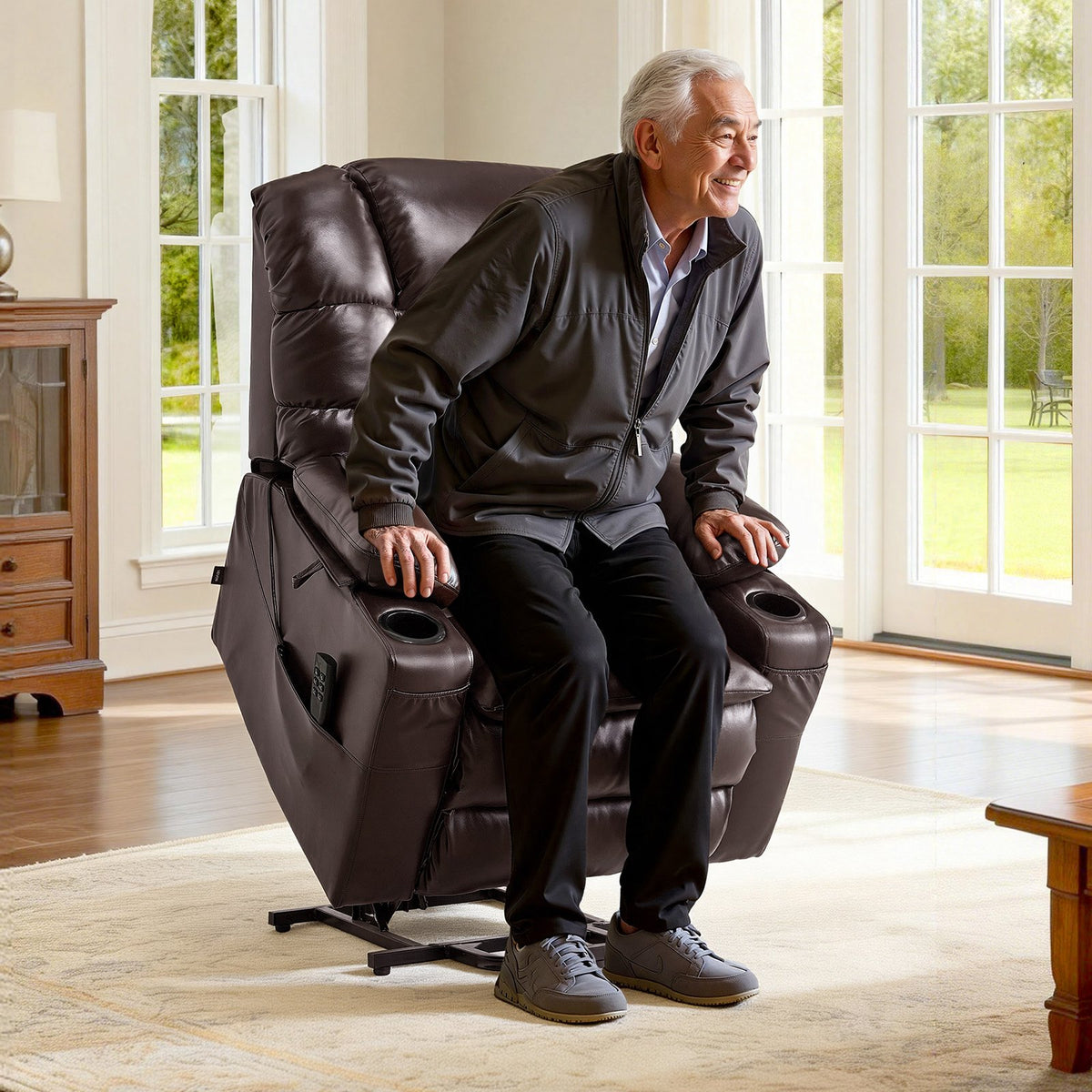VEVOR Power Lift Recliner Chair, Triple-Motor, Large Electric Lift Chair with Heat and Massage for Elderly, Infinite Position Adjustment, Leather Surface, with Storage Pockets and Cup Holders, Brown - DDKDTYZSPGDCJB1ET001V1 - view 9