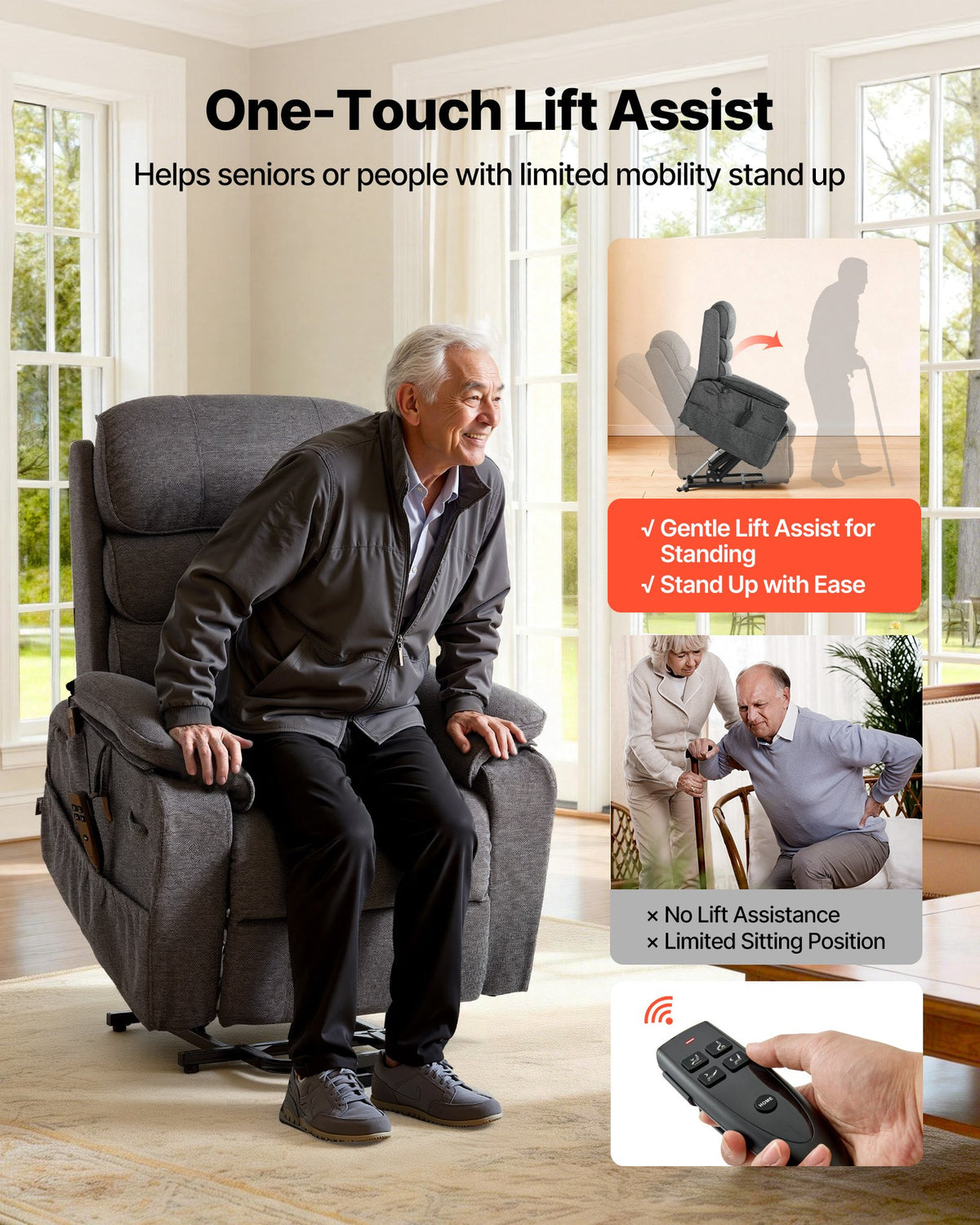 VEVOR Power Lift Recliner Chair, Dual Motor Medium Lift Chair with Heat and Massage for Elderly, Position Adjustable, Remote Control, with Side Pockets, Chenille Fabric, Dark Gray - DDKDTYZSPGZC2BFND001V1 - view 6