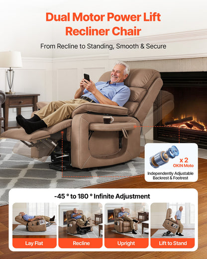VEVOR Power Lift Recliner Chair, Dual Motor, Medium Wide Electric Lift Chair with Heat and Massage for Elderly, Infinite Position Adjustment, Leather Surface, with Storage Pocket, Cup Holder, Brown - DDKDTYZSPGZCFJQ8T001V1 - view 3