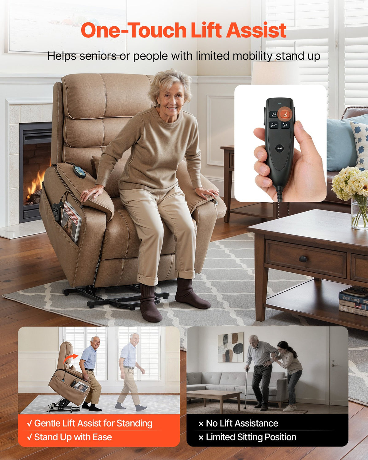 VEVOR Power Lift Recliner Chair, Dual Motor, Medium Wide Electric Lift Chair with Heat and Massage for Elderly, Infinite Position Adjustment, Leather Surface, with Storage Pocket, Cup Holder, Brown - DDKDTYZSPGZCFJQ8T001V1 - view 6