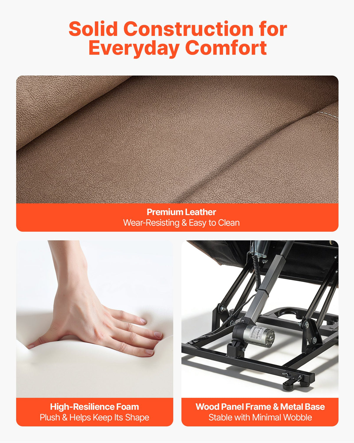 VEVOR Power Lift Recliner Chair, Dual Motor, Medium Wide Electric Lift Chair with Heat and Massage for Elderly, Infinite Position Adjustment, Leather Surface, with Storage Pocket, Cup Holder, Brown - DDKDTYZSPGZCFJQ8T001V1 - view 7