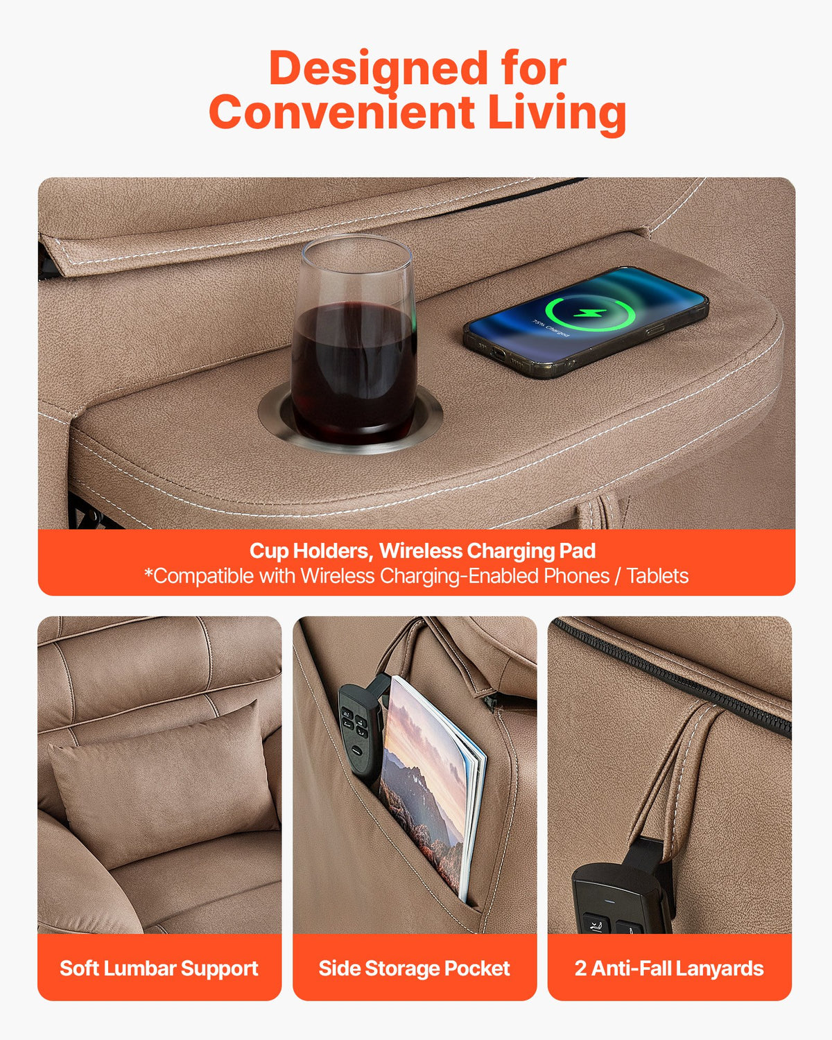 VEVOR Power Lift Recliner Chair, Dual Motor, Medium Wide Electric Lift Chair with Heat and Massage for Elderly, Infinite Position Adjustment, Leather Surface, with Storage Pocket, Cup Holder, Brown - DDKDTYZSPGZCFJQ8T001V1 - view 8
