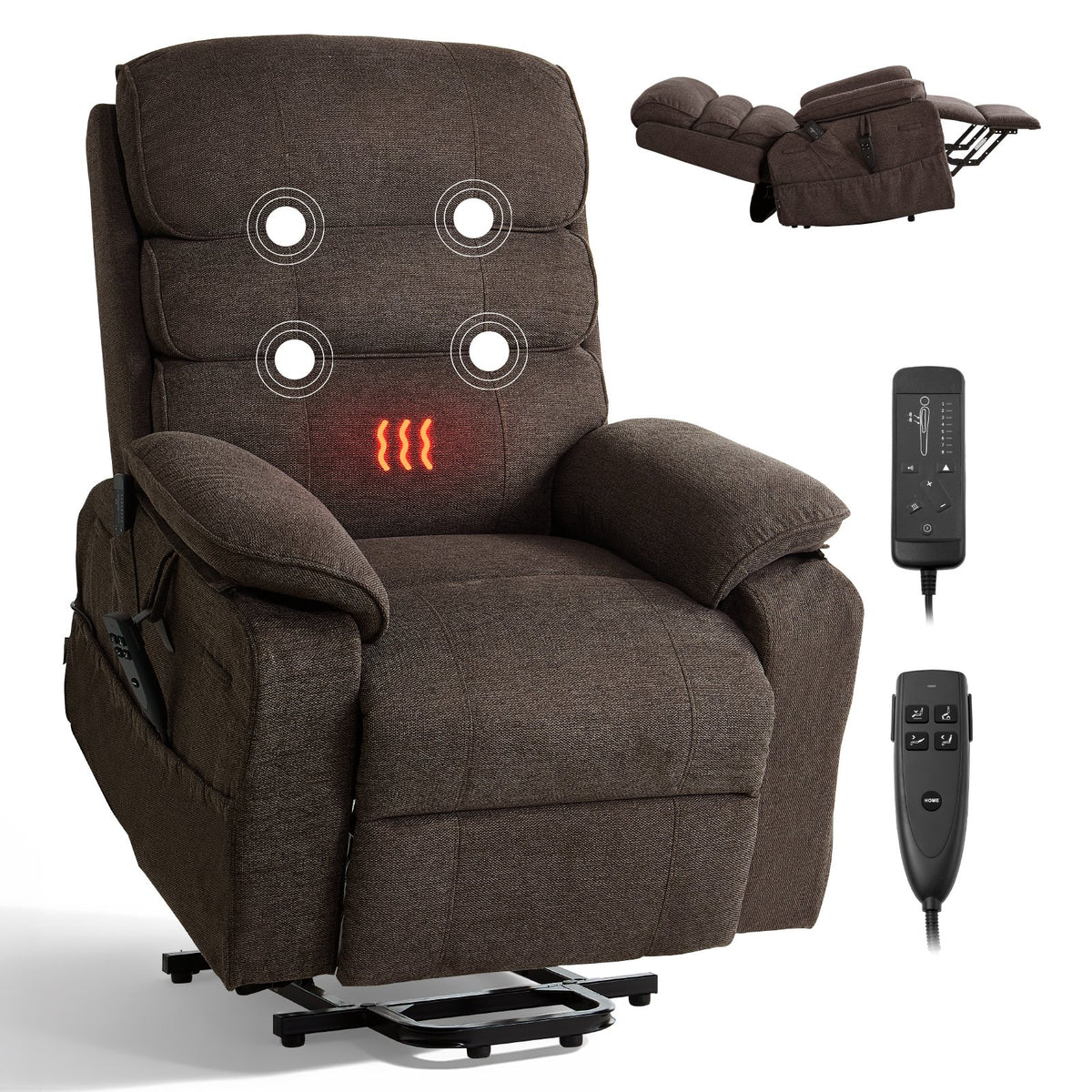 VEVOR Power Lift Recliner Chair, Dual Motor Medium Lift Chair with Heat and Massage for Elderly, Position Adjustable, Remote Control, with Side Pockets, Chenille Fabric, Brown - DDKDTYZSXNEZ6A38Y001V1 - view 1