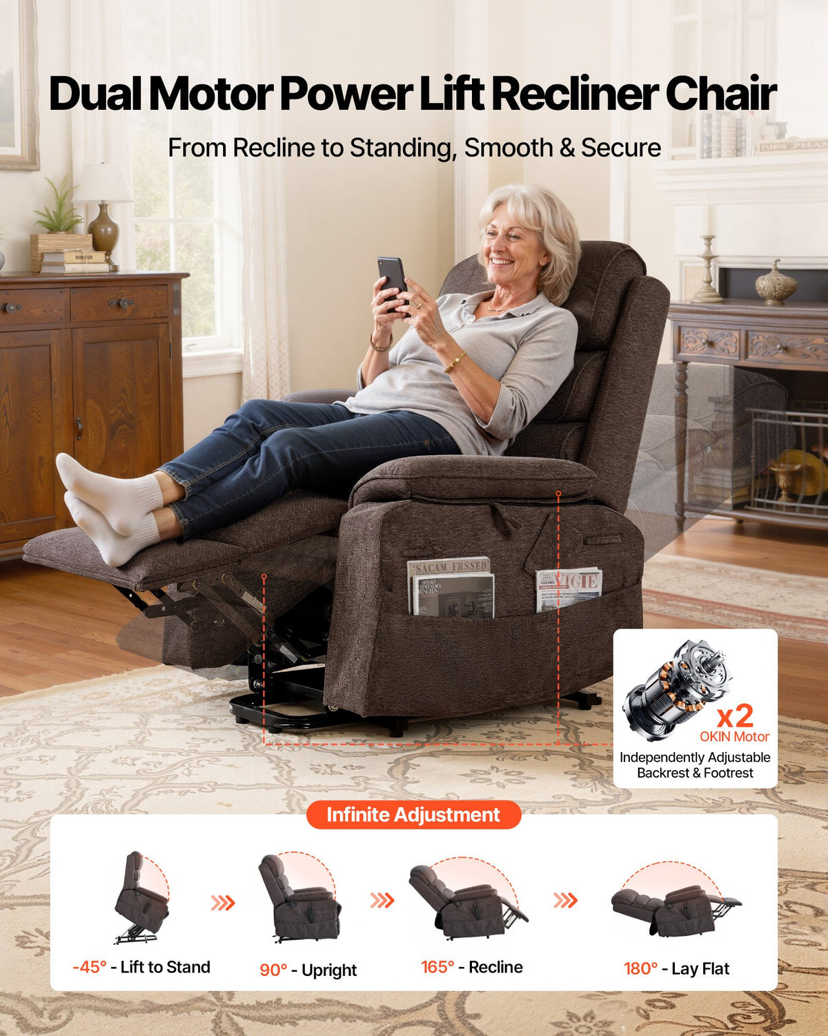 VEVOR Power Lift Recliner Chair, Dual Motor Medium Lift Chair with Heat and Massage for Elderly, Position Adjustable, Remote Control, with Side Pockets, Chenille Fabric, Brown - DDKDTYZSXNEZ6A38Y001V1 - view 3