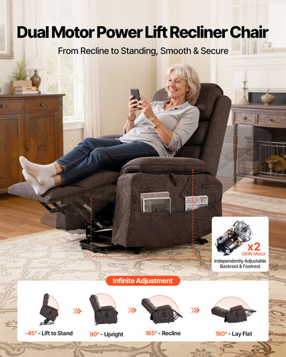 VEVOR Power Lift Recliner Chair, Dual Motor Medium Lift Chair with Heat and Massage for Elderly, Position Adjustable, Remote Control, with Side Pockets, Chenille Fabric, Brown - DDKDTYZSXNEZ6A38Y001V1 - view 3
