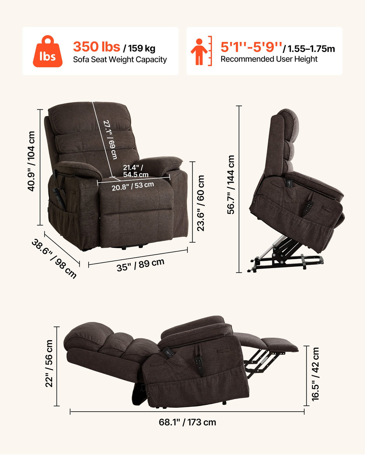 VEVOR Power Lift Recliner Chair, Dual Motor Medium Lift Chair with Heat and Massage for Elderly, Position Adjustable, Remote Control, with Side Pockets, Chenille Fabric, Brown - DDKDTYZSXNEZ6A38Y001V1 - view 4