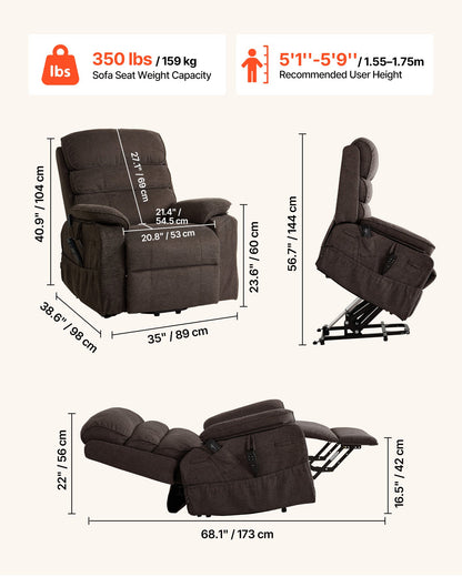 VEVOR Power Lift Recliner Chair, Dual Motor Medium Lift Chair with Heat and Massage for Elderly, Position Adjustable, Remote Control, with Side Pockets, Chenille Fabric, Brown - DDKDTYZSXNEZ6A38Y001V1 - view 4