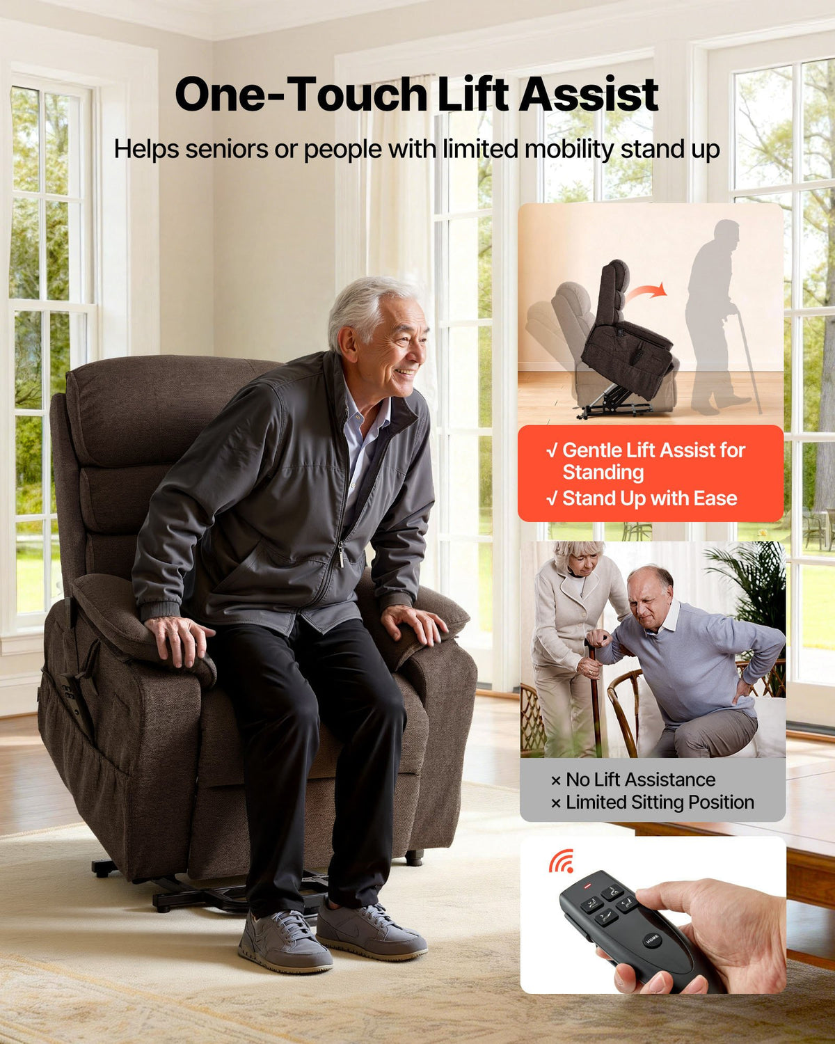 VEVOR Power Lift Recliner Chair, Dual Motor Medium Lift Chair with Heat and Massage for Elderly, Position Adjustable, Remote Control, with Side Pockets, Chenille Fabric, Brown - DDKDTYZSXNEZ6A38Y001V1 - view 6