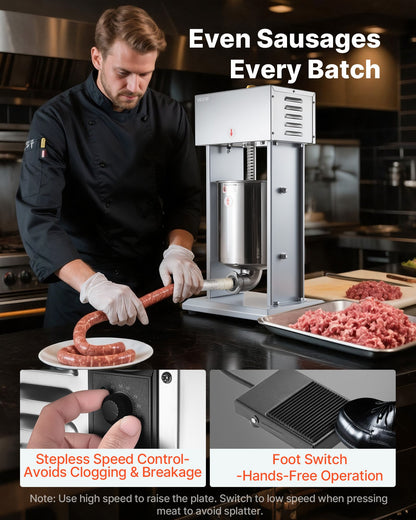 VEVOR Electric Sausage Stuffer, 22 LBS / 10 L Vertical Meat Filler with Stepless Speed Adjustment, Stainless Steel Sausage Stuffing Machine, Foot Pedal & 4 Filling Tubes, for Commercial and Home Use - DDKGCJ10LLSTSI76E001V1 - view 3