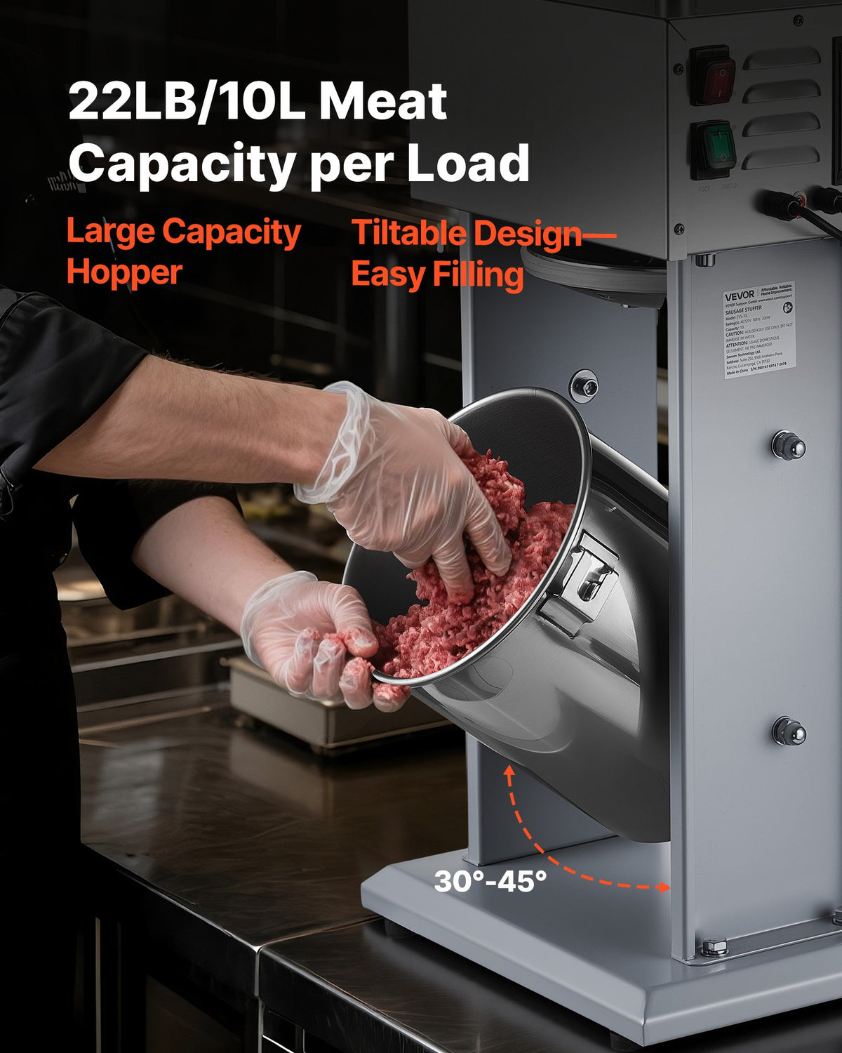 VEVOR Electric Sausage Stuffer, 22 LBS / 10 L Vertical Meat Filler with Stepless Speed Adjustment, Stainless Steel Sausage Stuffing Machine, Foot Pedal & 4 Filling Tubes, for Commercial and Home Use - DDKGCJ10LLSTSI76E001V1 - view 5