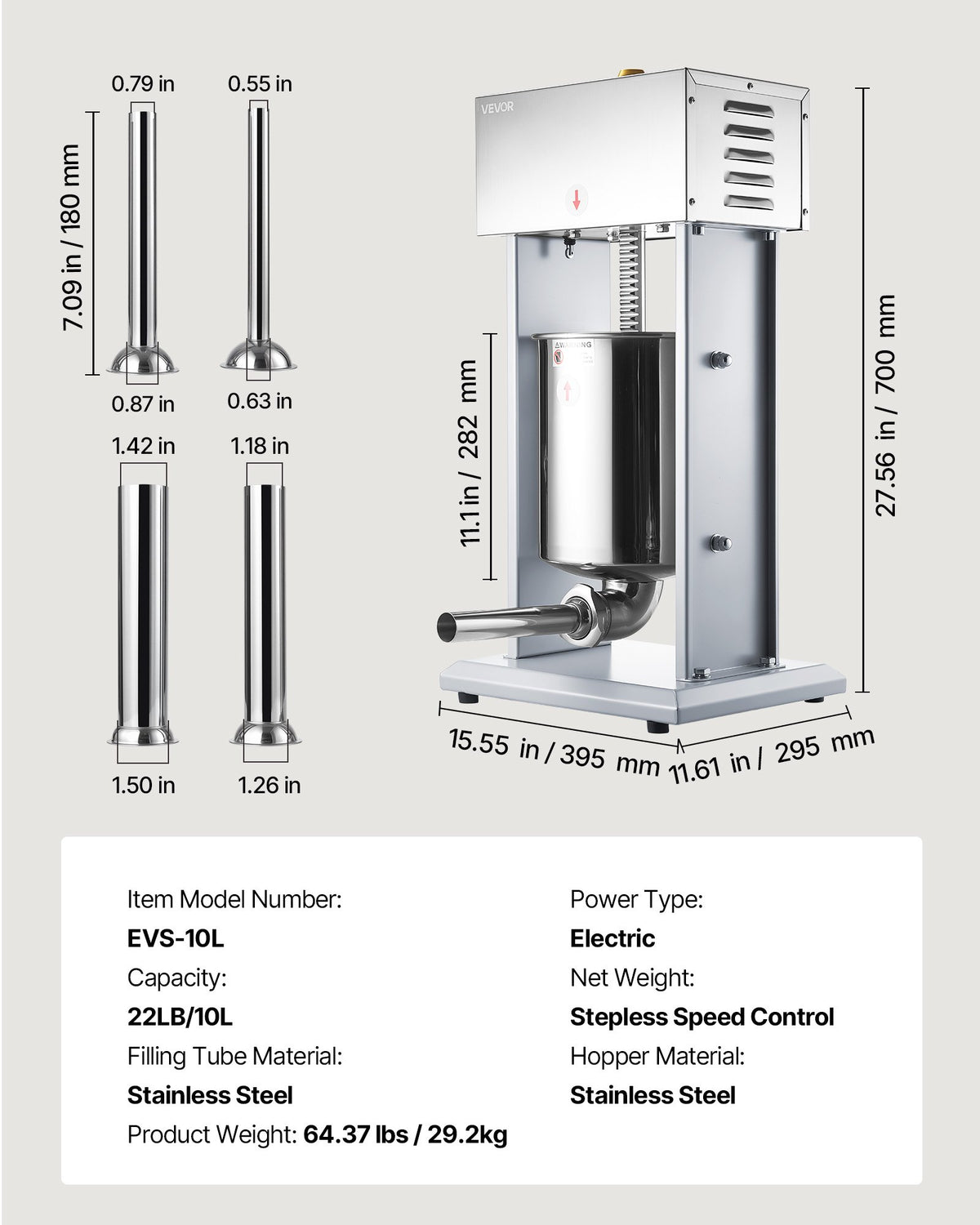 VEVOR Electric Sausage Stuffer, 22 LBS / 10 L Vertical Meat Filler with Stepless Speed Adjustment, Stainless Steel Sausage Stuffing Machine, Foot Pedal & 4 Filling Tubes, for Commercial and Home Use - DDKGCJ10LLSTSI76E001V1 - view 8