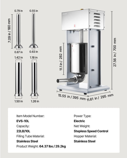 VEVOR Electric Sausage Stuffer, 22 LBS / 10 L Vertical Meat Filler with Stepless Speed Adjustment, Stainless Steel Sausage Stuffing Machine, Foot Pedal & 4 Filling Tubes, for Commercial and Home Use - DDKGCJ10LLSTSI76E001V1 - view 8