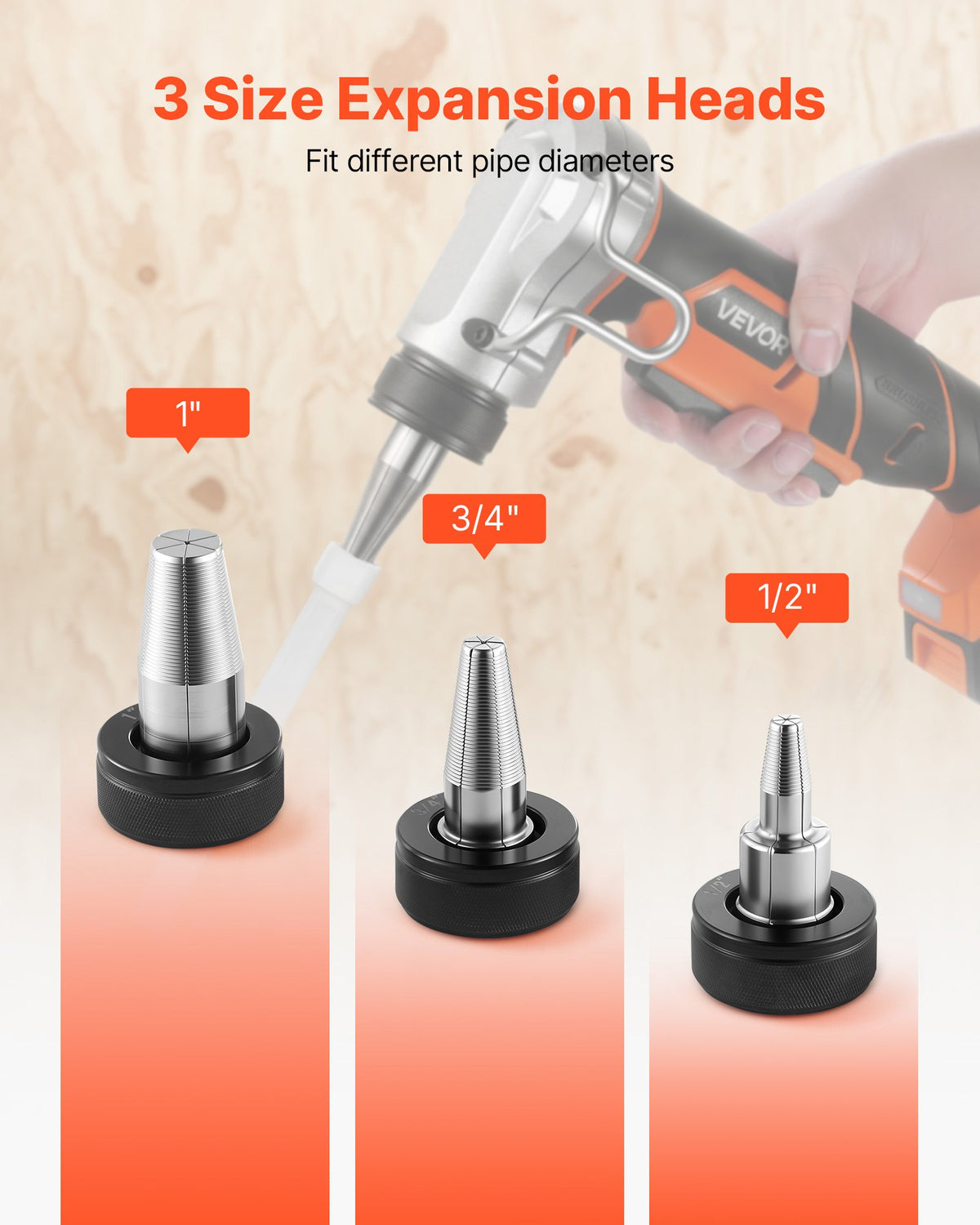 VEVOR Cordless Tube Expander, 20V Max Electric Tubing Expansion Tool for 1/2", 3/4", 1" PEX-A Pipes, 22000RPM Pipe Expander with 3 Expanding Head, 2pcs 2AH Battery, Fast Charger & Carrying Case - DDKGQ1234120IXSW9001V1 - view 4