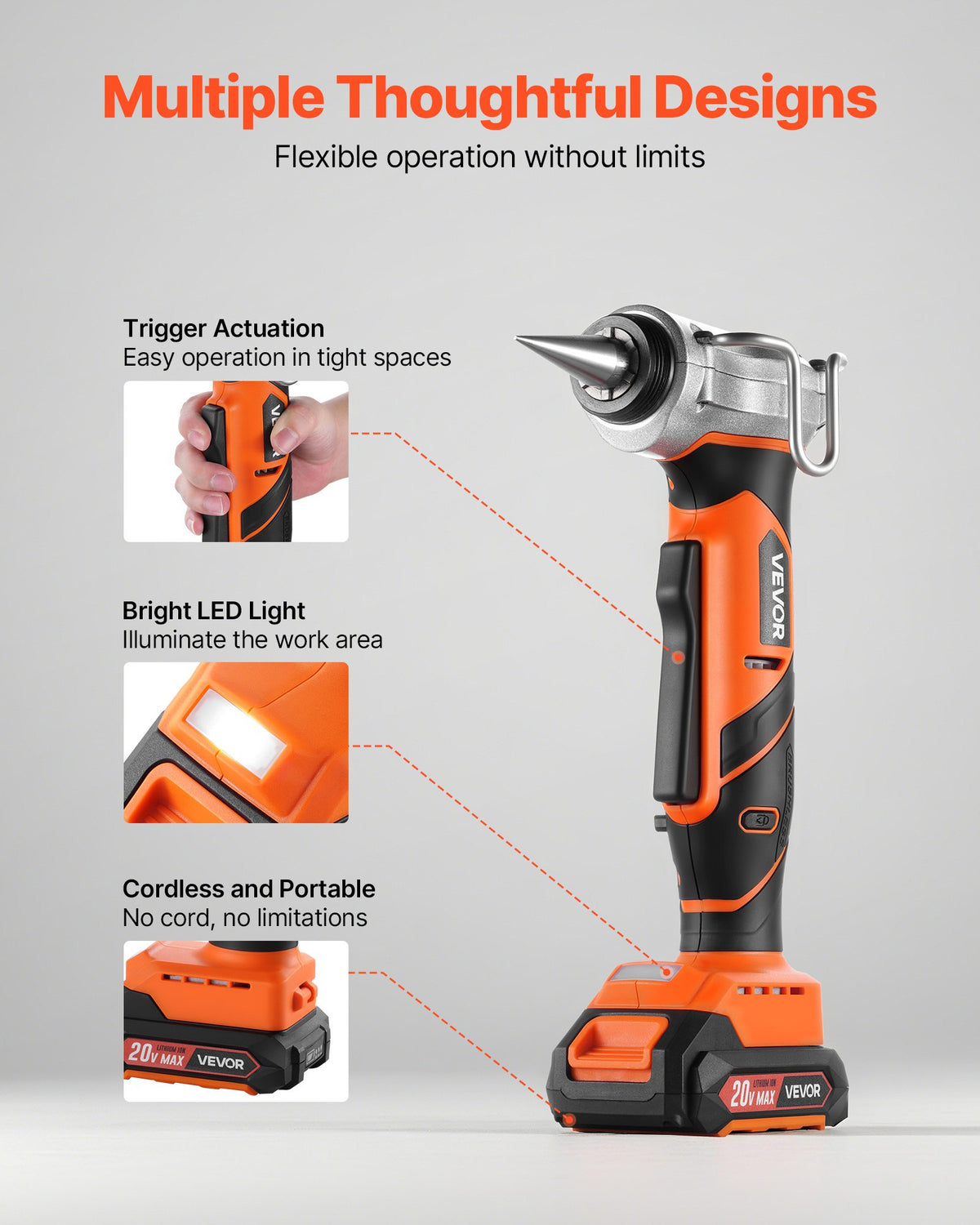 VEVOR Cordless Tube Expander, 20V Max Electric Tubing Expansion Tool for 1/2", 3/4", 1" PEX-A Pipes, 22000RPM Pipe Expander with 3 Expanding Head, 2pcs 2AH Battery, Fast Charger & Carrying Case - DDKGQ1234120IXSW9001V1 - view 6