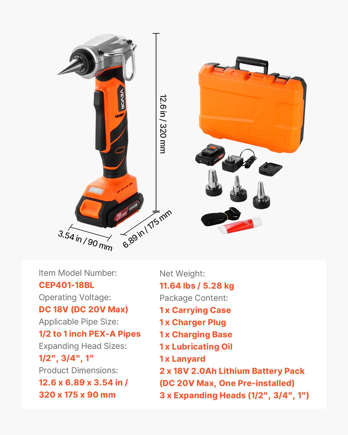 VEVOR Cordless Tube Expander, 20V Max Electric Tubing Expansion Tool for 1/2", 3/4", 1" PEX-A Pipes, 22000RPM Pipe Expander with 3 Expanding Head, 2pcs 2AH Battery, Fast Charger & Carrying Case - DDKGQ1234120IXSW9001V1 - view 8