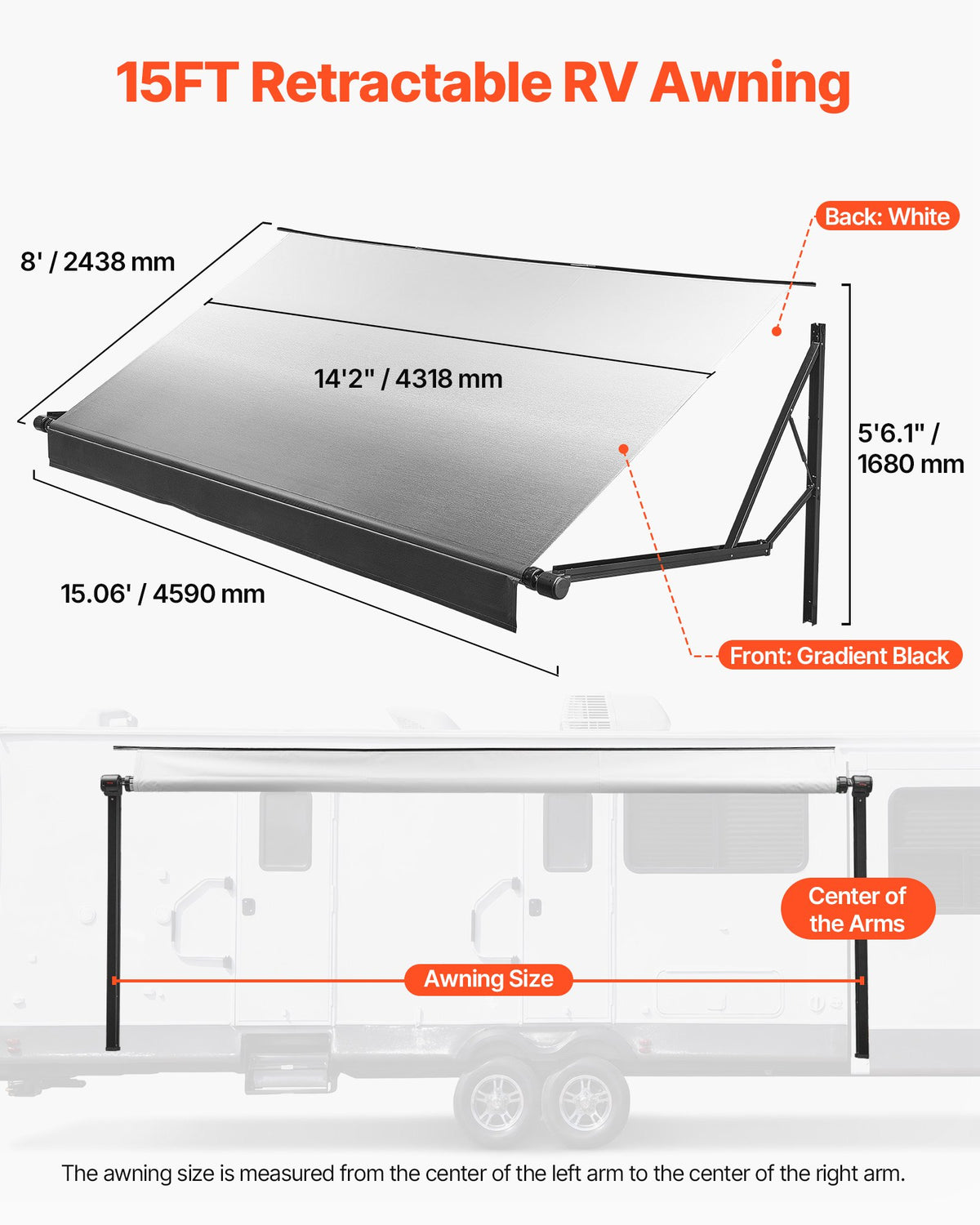 VEVOR Motorized RV Awning Complete Kit, 15.06FT Electric Retractable RV Awning with Aluminum Alloy Frame & Waterproof Fabric, Outdoor Camping Trailer Awnings Fit Most RVs (15FT Type, Gradient Black) - DDKSSSFCZYP1FIVQR001V9 - view 3