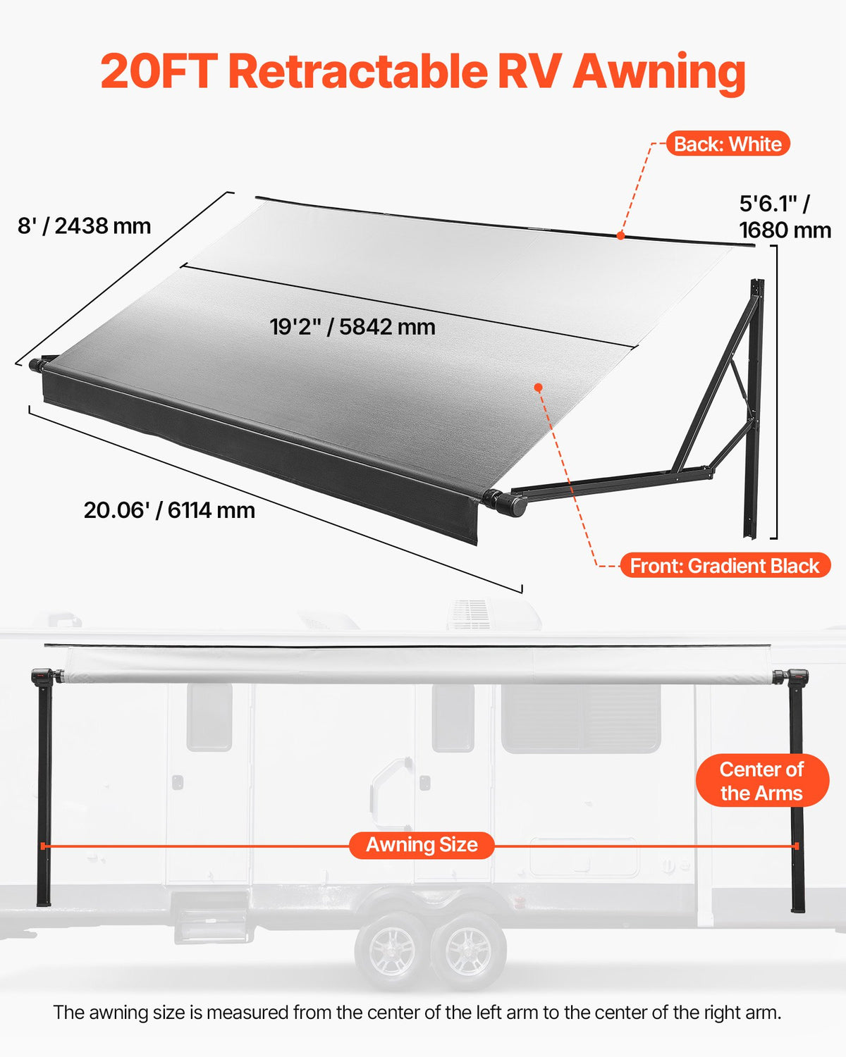 VEVOR Motorized RV Awning Complete Kit, 20.06FT Electric Retractable RV Awning with Aluminum Alloy Frame & Waterproof Fabric, Outdoor Camping Trailer Awnings Fit Most RVs (20FT Type, Gradient Black) - DDKSSSFCZYP236GD3001V9 - view 3