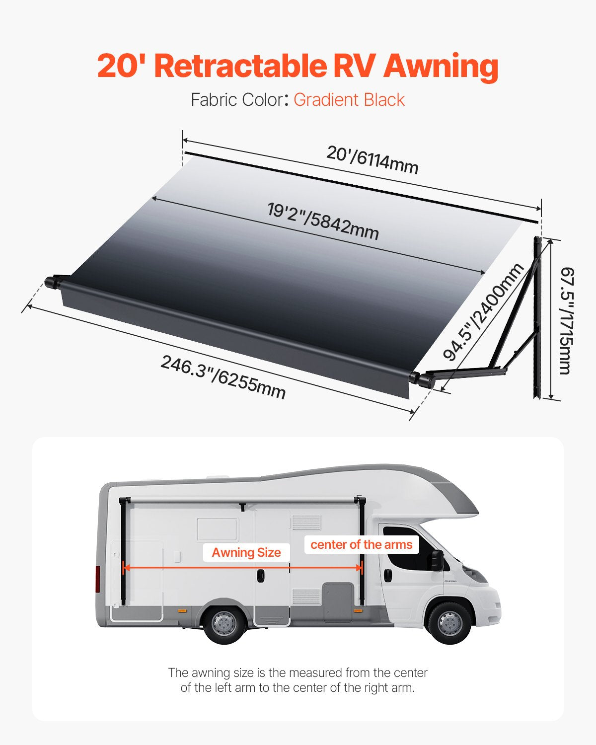 VEVOR Motorized RV Awning Complete Kit, 20' Retractable Awning with Aluminum Alloy Frame, Outdoor Trailer Awning, Fit for Most RVs(Black Fade) - DDKSSSFCZYP23QIZOV9 - view 8