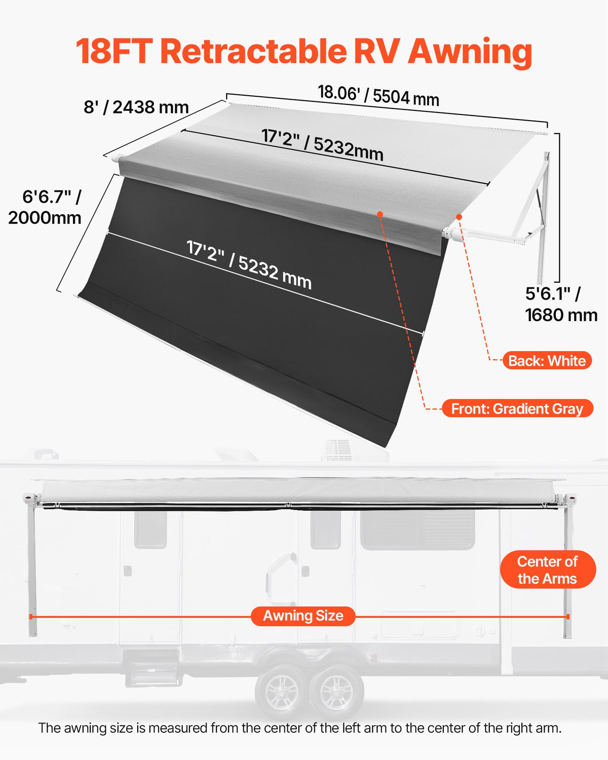 VEVOR Motorized RV Awning Complete Kit & Sunshade Screen, 18.06FT Electric Retractable RV Awning with Aluminum Alloy Frame & Waterproof Fabric, Outdoor Camping Trailer Awnings Fit Most RVs (18FT Type) - DDKSSSFCZYP2U1EJM001V9 - view 3