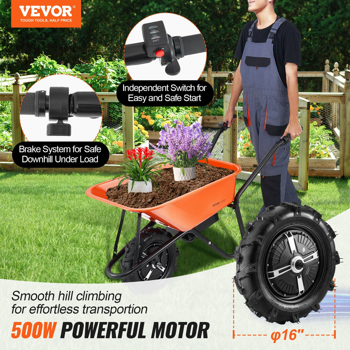 VEVOR Electric Wheelbarrow Cart, 500W Powered Utility Garden Wagon Dump Cart, 5 Cu. Ft. Load & 330 lbs Capacity with Metal Handle & 16" Track Wheels, One Wheel Barrow Yard Cart & Wagons for Lawn Farm - DDL2LHYTC1JL1DT7ZV1 - view 3