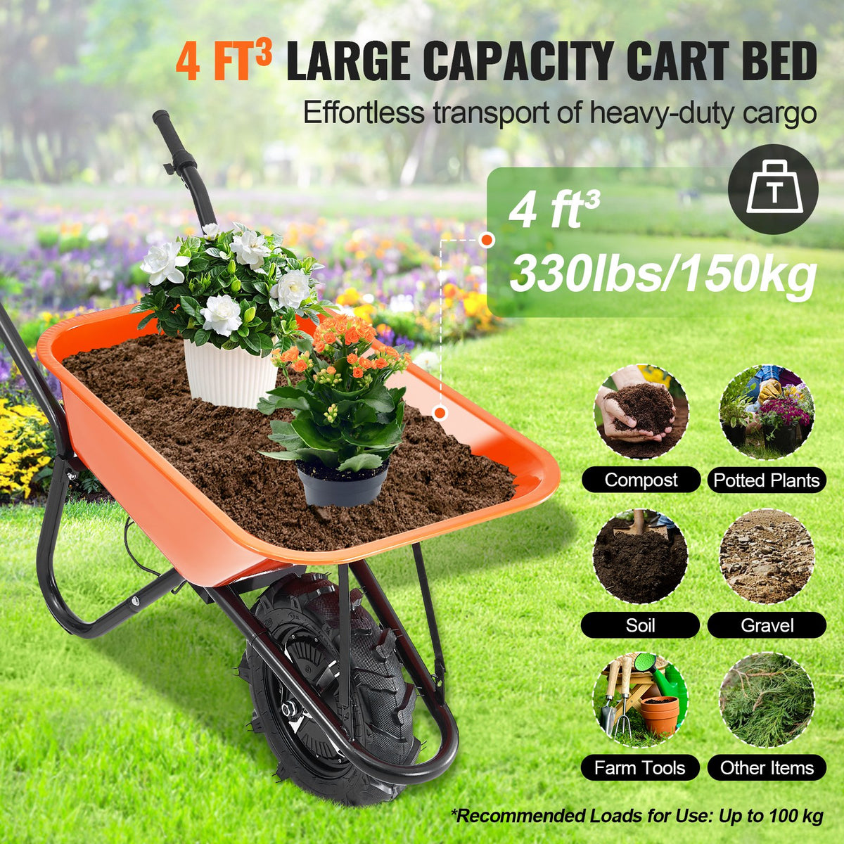 VEVOR Electric Wheelbarrow Cart, 500W Powered Utility Garden Wagon Dump Cart, 5 Cu. Ft. Load & 330 lbs Capacity with Metal Handle & 16" Track Wheels, One Wheel Barrow Yard Cart & Wagons for Lawn Farm - DDL2LHYTC1JL1DT7ZV1 - view 6