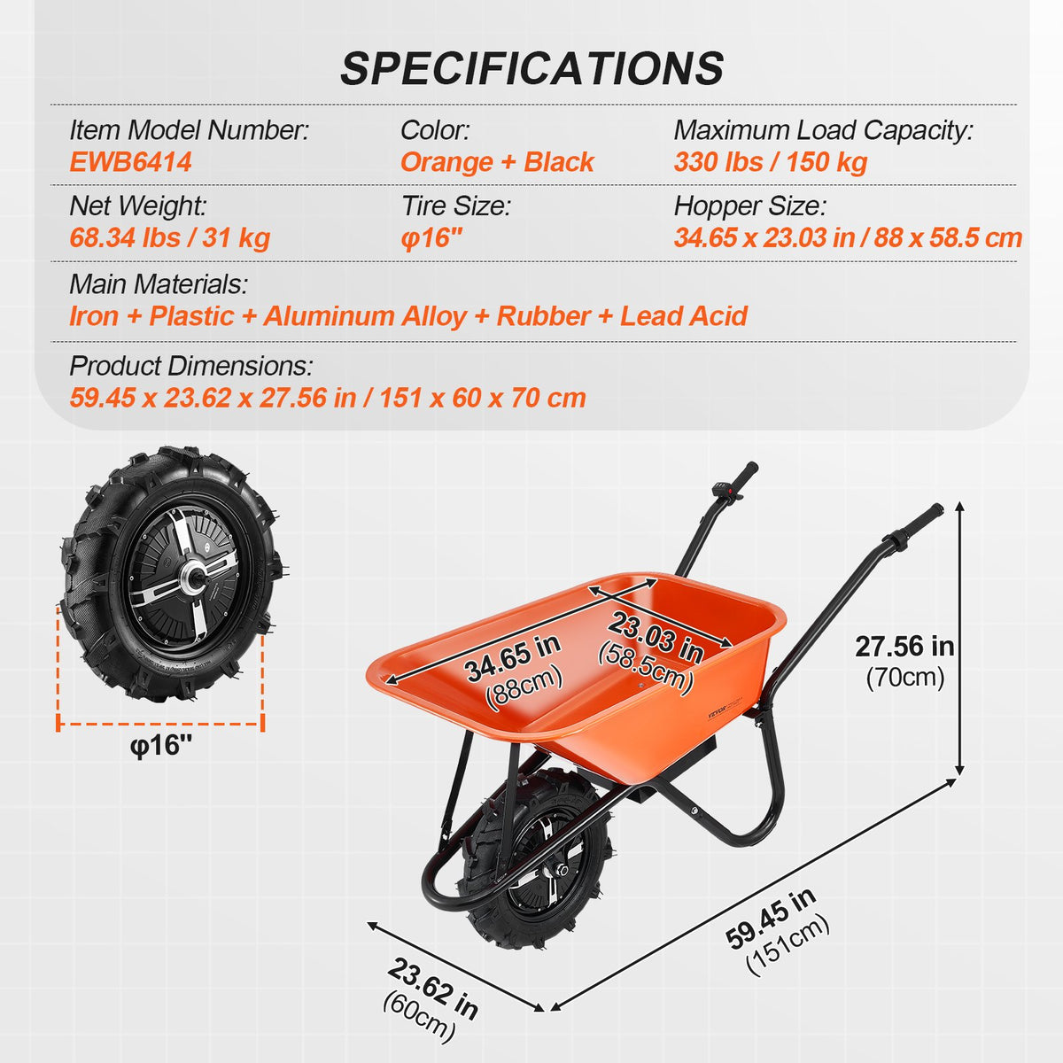 VEVOR Electric Wheelbarrow Cart, 500W Powered Utility Garden Wagon Dump Cart, 5 Cu. Ft. Load & 330 lbs Capacity with Metal Handle & 16" Track Wheels, One Wheel Barrow Yard Cart & Wagons for Lawn Farm - DDL2LHYTC1JL1DT7ZV1 - view 8