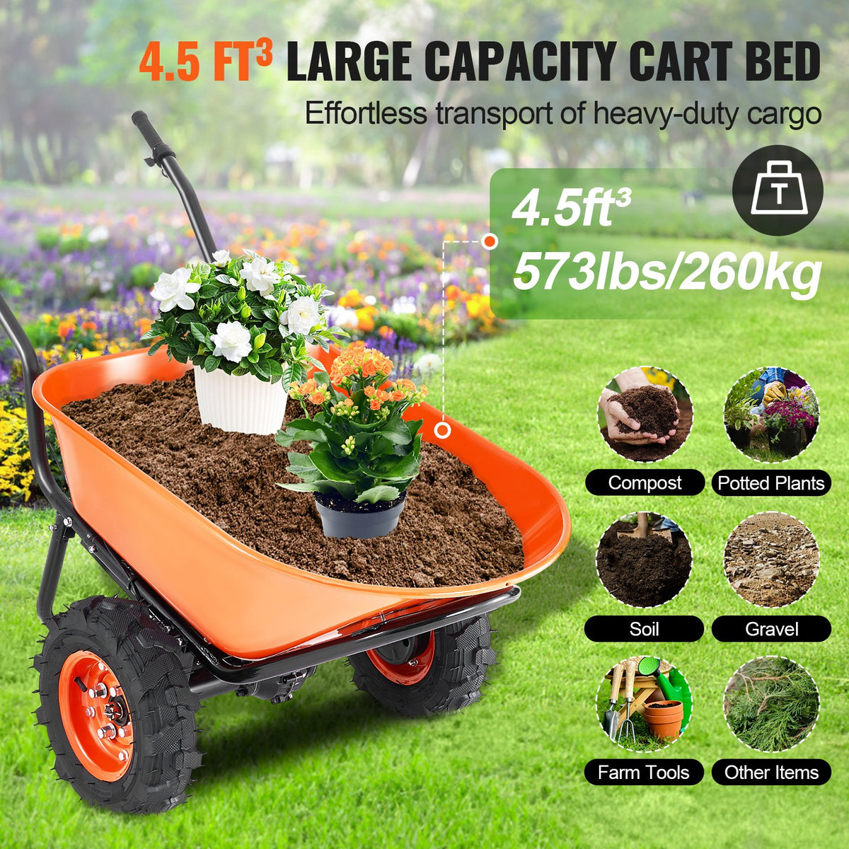 VEVOR Electric Wheelbarrow Cart, 500W Powered Utility Garden Wagon Dump Cart, 4.5 Cu Ft Load & 573 lbs Capacity with Metal Handle & 16" Track Wheels, Two Wheel Barrow Yard Cart & Wagons for Lawn Farm - DDL2LHYTC2JLJVUC6V1 - view 6