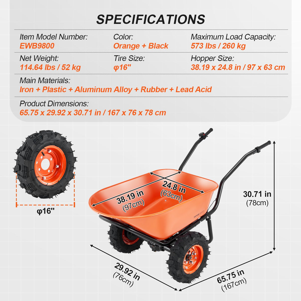 VEVOR Electric Wheelbarrow Cart, 500W Powered Utility Garden Wagon Dump Cart, 4.5 Cu Ft Load & 573 lbs Capacity with Metal Handle & 16" Track Wheels, Two Wheel Barrow Yard Cart & Wagons for Lawn Farm - DDL2LHYTC2JLJVUC6V1 - view 8