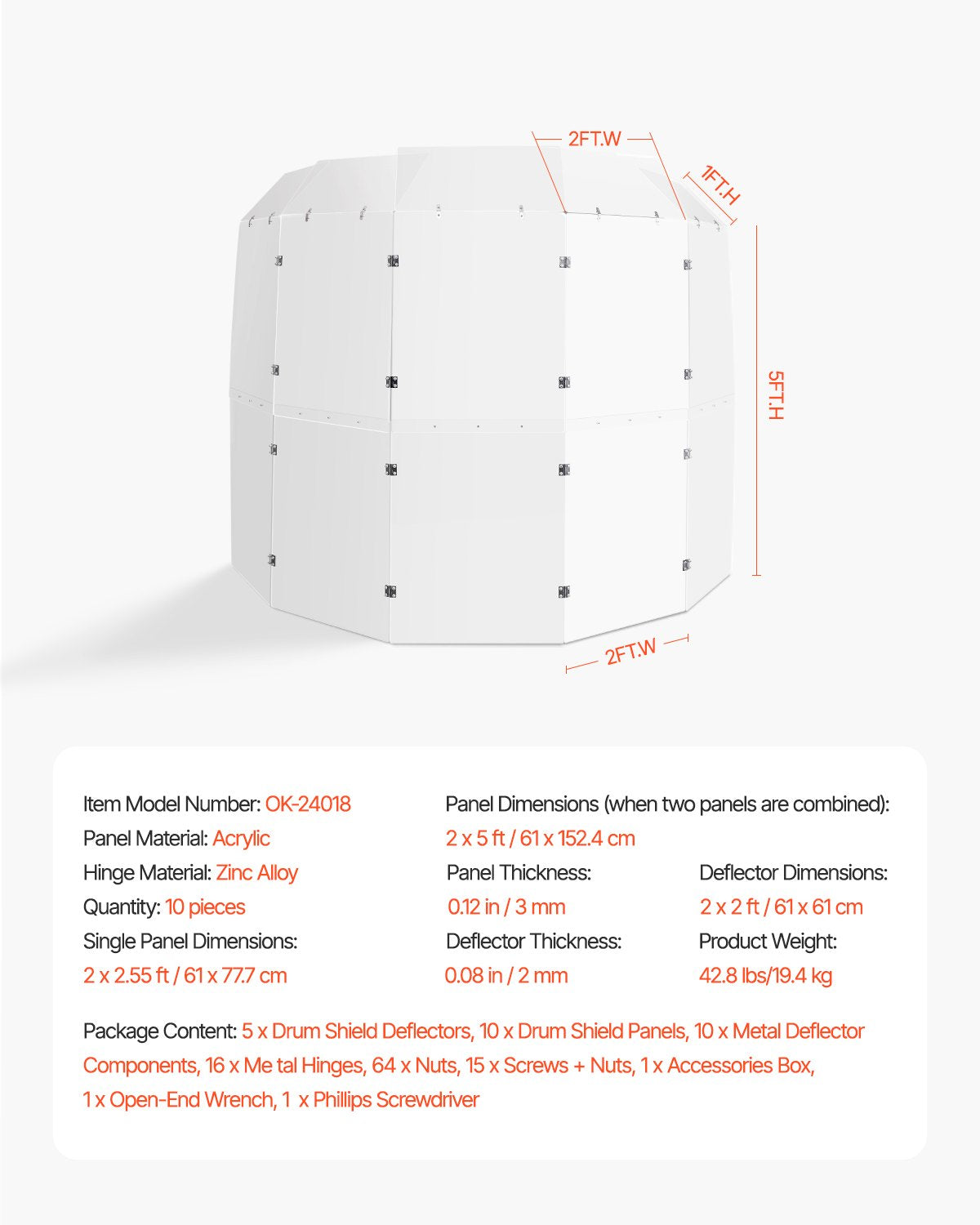 VEVOR Drum Shield, 5 Panels 2ft x 5ft Portable Acrylic Drum Cage with Zinc Alloy Hinges and Deflectors for Church Concert Halls, Drum Shields Drum Sound Barrier Suitable for Practice and Performance - DDLBGD5PZH2YOFP72V0 - view 8