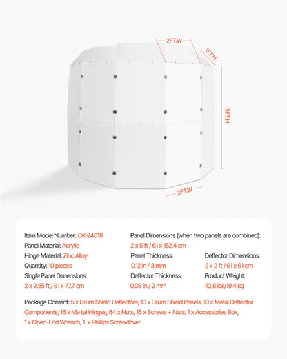 VEVOR Drum Shield, 5 Panels 2ft x 5ft Portable Acrylic Drum Cage with Zinc Alloy Hinges and Deflectors for Church Concert Halls, Drum Shields Drum Sound Barrier Suitable for Practice and Performance - DDLBGD5PZH2YOFP72V0 - view 8