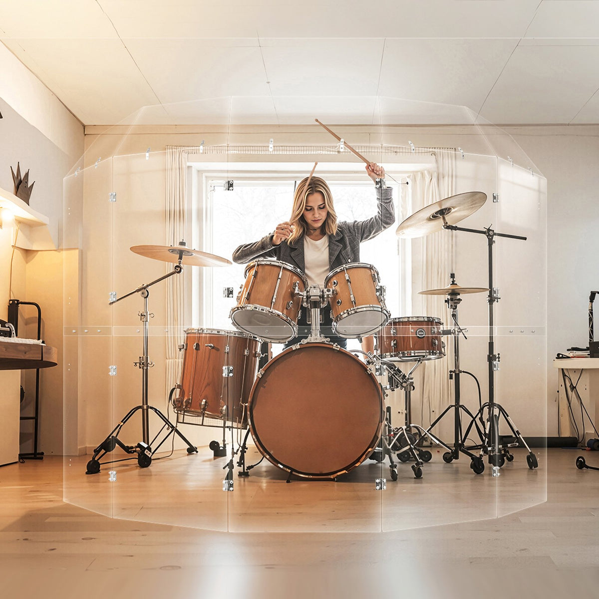 VEVOR Drum Shield, 5 Panels 2ft x 5ft Portable Acrylic Drum Cage with Zinc Alloy Hinges and Deflectors for Church Concert Halls, Drum Shields Drum Sound Barrier Suitable for Practice and Performance - DDLBGD5PZH2YOFP72V0 - view 9