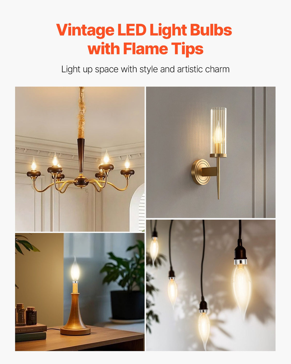 VEVOR LED Candelabra Bulbs, 12-Pack Dimmable Chandelier Light Bulbs, Vintage Flame Tip Candle Light Bulb with 2725K Warm Lighting, 90+ High CRI & E12 Base for Chandeliers, Wall Sconces & Table Lamps - DDLEDDPLZJJX46TZJ001V6 - view 3