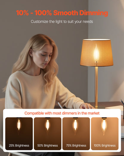 VEVOR LED Candelabra Bulbs, 12-Pack Dimmable Chandelier Light Bulbs, Vintage Flame Tip Candle Light Bulb with 2725K Warm Lighting, 90+ High CRI & E12 Base for Chandeliers, Wall Sconces & Table Lamps - DDLEDDPLZJJX46TZJ001V6 - view 4
