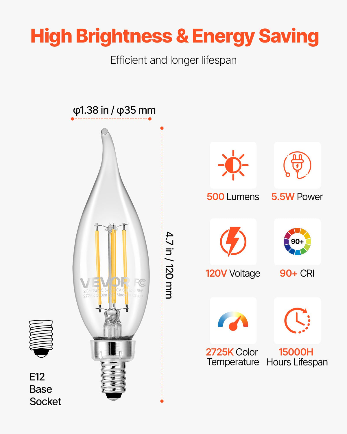 VEVOR LED Candelabra Bulbs, 12-Pack Dimmable Chandelier Light Bulbs, Vintage Flame Tip Candle Light Bulb with 2725K Warm Lighting, 90+ High CRI & E12 Base for Chandeliers, Wall Sconces & Table Lamps - DDLEDDPLZJJX46TZJ001V6 - view 5