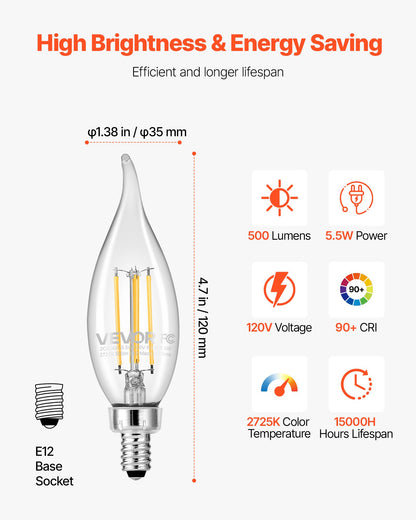 VEVOR LED Candelabra Bulbs, 12-Pack Dimmable Chandelier Light Bulbs, Vintage Flame Tip Candle Light Bulb with 2725K Warm Lighting, 90+ High CRI & E12 Base for Chandeliers, Wall Sconces & Table Lamps - DDLEDDPLZJJX46TZJ001V6 - view 5