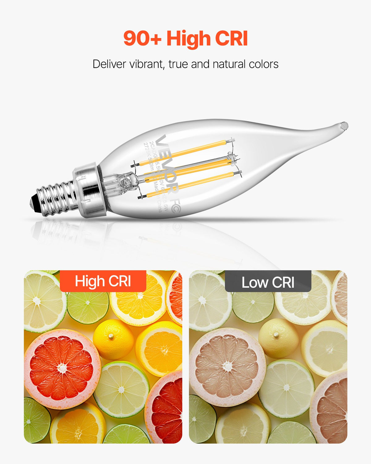 VEVOR LED Candelabra Bulbs, 12-Pack Dimmable Chandelier Light Bulbs, Vintage Flame Tip Candle Light Bulb with 2725K Warm Lighting, 90+ High CRI & E12 Base for Chandeliers, Wall Sconces & Table Lamps - DDLEDDPLZJJX46TZJ001V6 - view 6