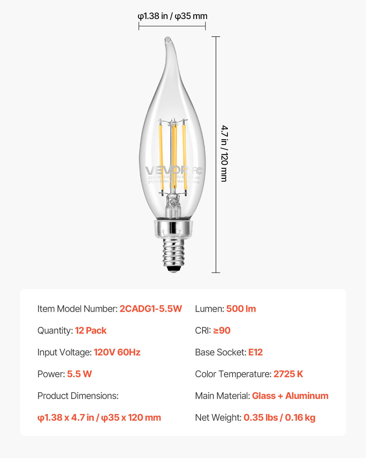 VEVOR LED Candelabra Bulbs, 12-Pack Dimmable Chandelier Light Bulbs, Vintage Flame Tip Candle Light Bulb with 2725K Warm Lighting, 90+ High CRI & E12 Base for Chandeliers, Wall Sconces & Table Lamps - DDLEDDPLZJJX46TZJ001V6 - view 8