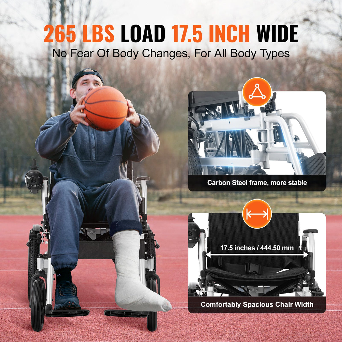 VEVOR Electric Wheelchair for Adults Seniors, 265 lbs Weight Capacity, 17.5in Width Lightweight Foldable Motorized Power Wheelchairs, UP to 12.5Miles Range All Terrain Power Chair, Adjustable Backrest - DDLY300LBS17XVGF9V1 - view 7