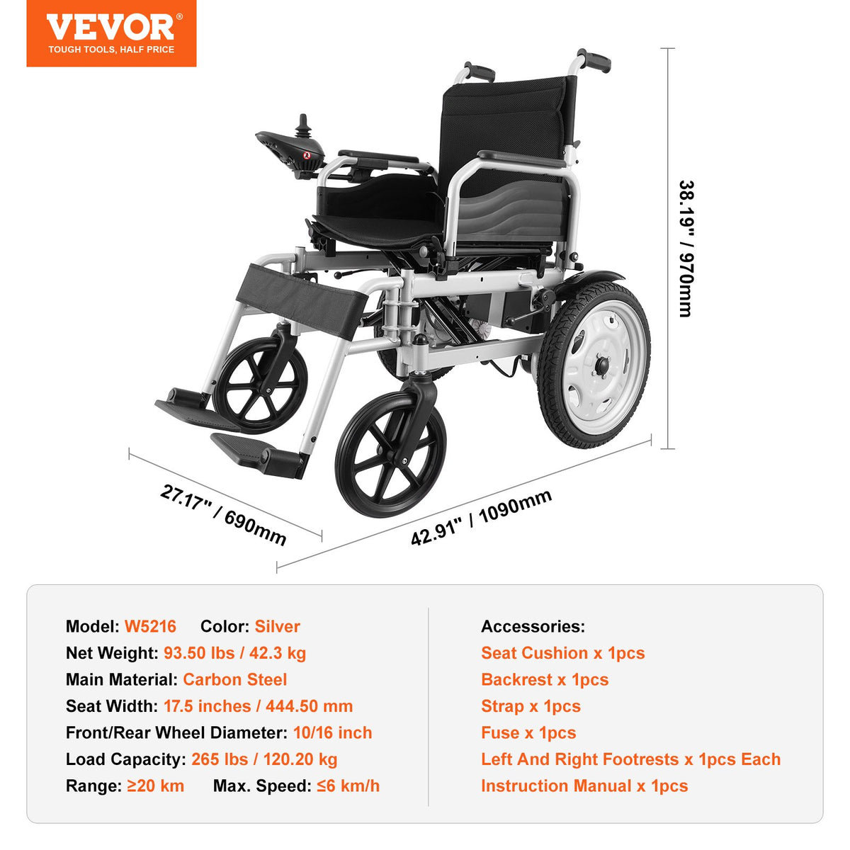 VEVOR Electric Wheelchair for Adults Seniors, 265 lbs Weight Capacity, 17.5in Width Lightweight Foldable Motorized Power Wheelchairs, UP to 12.5Miles Range All Terrain Power Chair, Adjustable Backrest - DDLY300LBS17XVGF9V1 - view 8