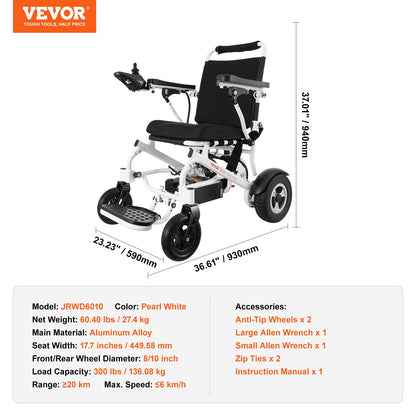 VEVOR Electric Wheelchair for Adults Seniors, 300 lbs Weight Capacity, 17.7 in Width Lightweight Foldable Motorized Power Wheelchairs, UP to 12.5 Miles Range All Terrain Aluminum Alloy Chair - DDLY330LB17IY7I32V1 - view 8