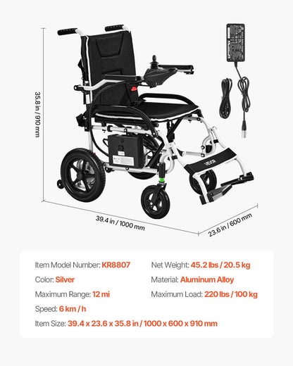 VEVOR Electric Wheelchair for Adults, 220lbs Capacity, Foldable & Lightweight Motorized Wheelchair, 12-Mile Long Travel Range, All-Terrain Powered Chair, Portable for Seniors & Disabled - DDLYLHJ220LBS3NFF001V1 - view 8