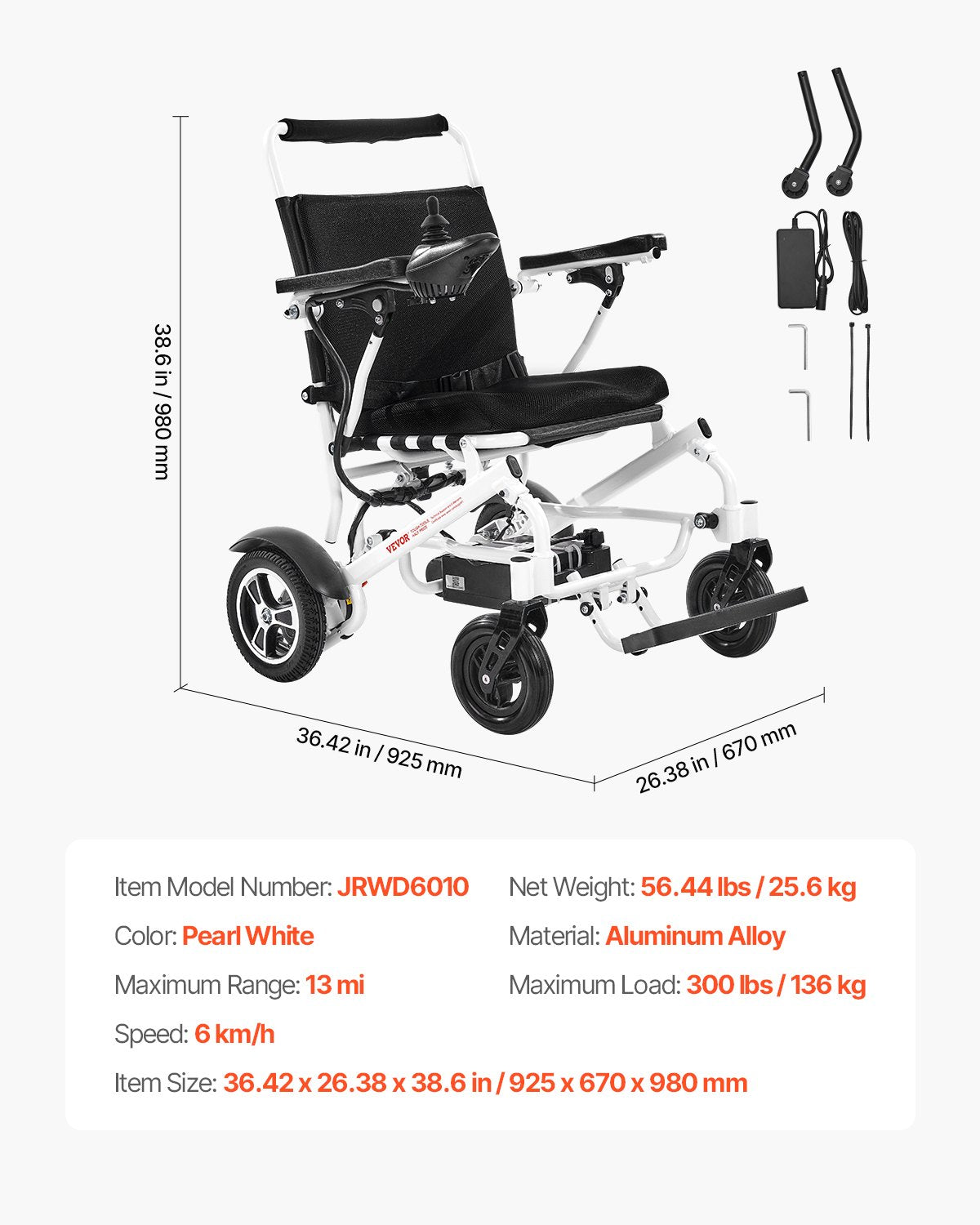 VEVOR Electric Wheelchair for Adults, 300lbs Capacity, Foldable & Lightweight Motorized Wheelchair, 13-Mile Long Travel Range, All-Terrain Powered Chair, Portable 21 inch Seat for Seniors & Disabled - DDLYLHJ300LBAYL01001V1 - view 8