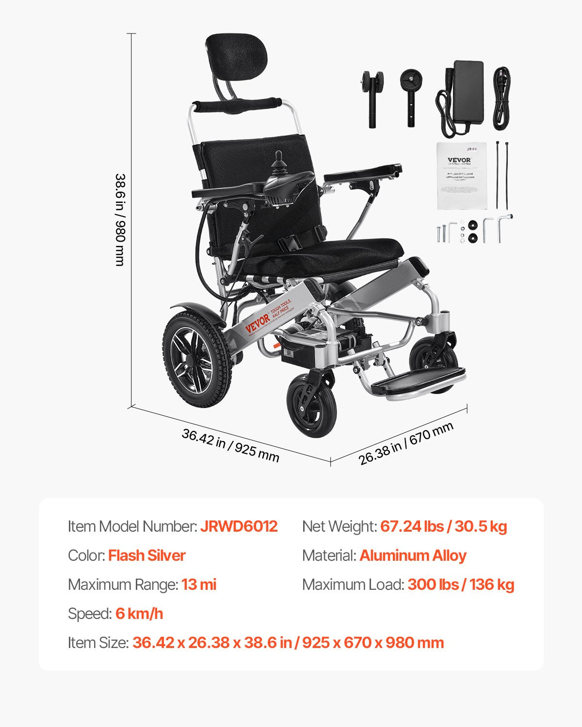VEVOR Electric Wheelchair for Adults, 300lbs Capacity with Adjustable Backrest, Foldable Lightweight Motorized Wheelchair,13-Mile Range,All-Terrain Powered,Portable 21” Seat for Seniors & Disabled - DDLYLHJ300LBLSZQT001V1 - view 8