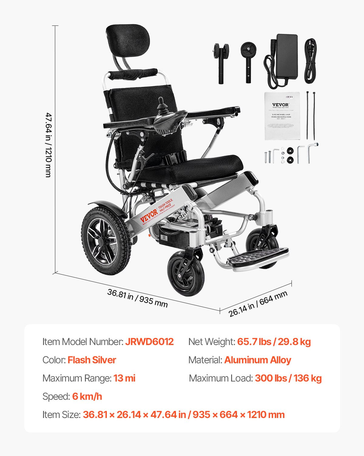 VEVOR Electric Wheelchair for Adults, 300lbs Capacity with Adjustable Backrest, Foldable & Lightweight Motorized Wheelchair, 13-Mile Range, All-Terrain Powered Chair, Portable for Seniors & Disabled - DDLYLHJ300LBR2GOG001V1 - view 8