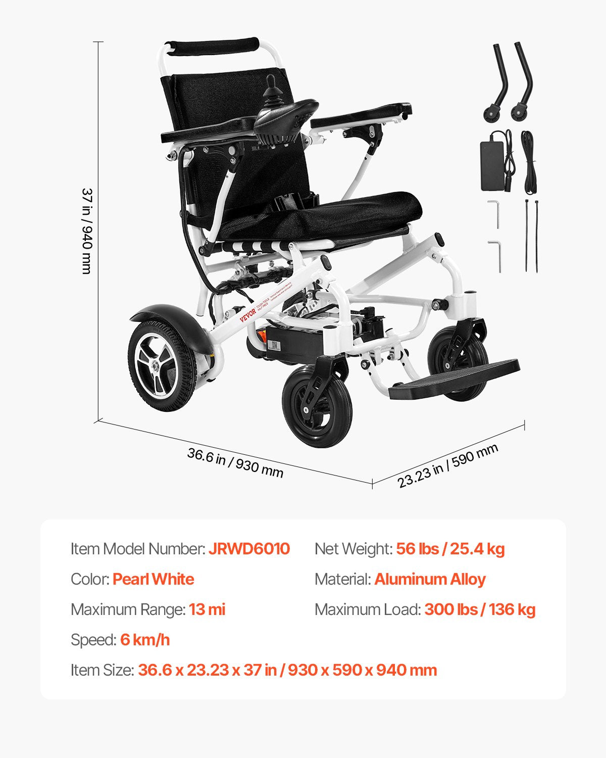 VEVOR Electric Wheelchair for Adults, 300lbs Capacity, Foldable & Lightweight Motorized Wheelchair, 13-Mile Long Travel Range, All-Terrain Powered Chair, Portable for Seniors & Disabled - DDLYLHJ300LBRL4EI001V1 - view 8