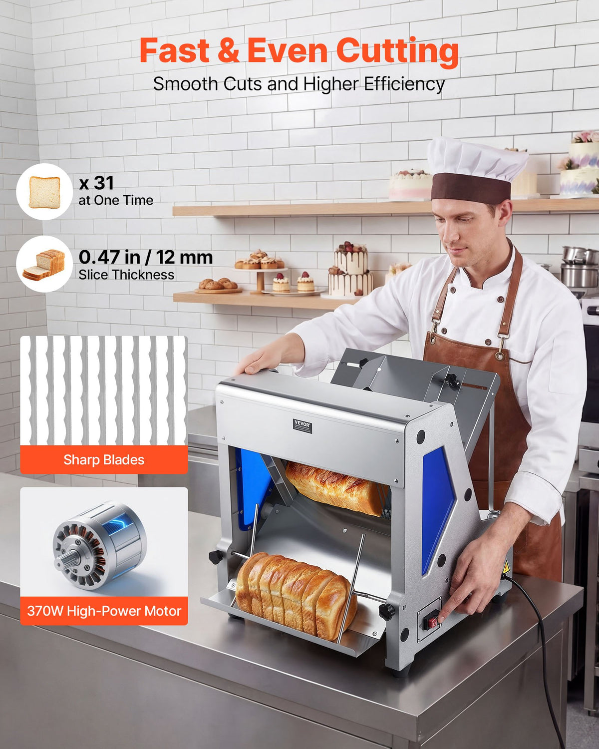 VEVOR Electric Bread Slicer, 370W Bread Slicing Machine, Die-Cast Aluminum Countertop Bread Cutter Machine for 12mm Slice Thickness, Commercial & Home Use for Bakeries Restaurants, 120V - DDMBQPJ370W13MLSK001V1 - view 3